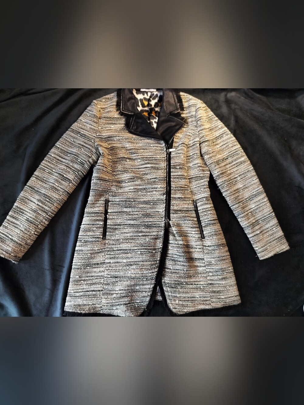 EUC Sfizio Italy Tweed Boucle Moto Midi Coat Jacket Leopard Faux Leather US 8
